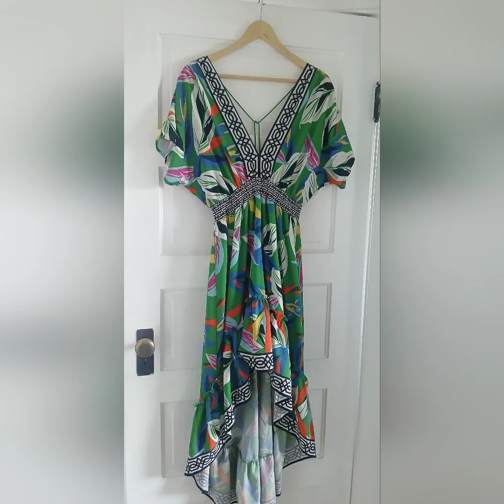 Flying Tomato Dress V-Neck Hi-Lo Floral Elasticized Waist Flowy Tropical Print - Picture 11 of 13